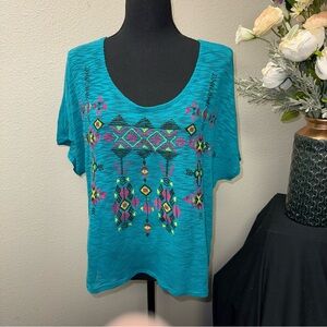 Eyeshadow Boho Embroidered Teal Slub Knit V-Neck Tee XL